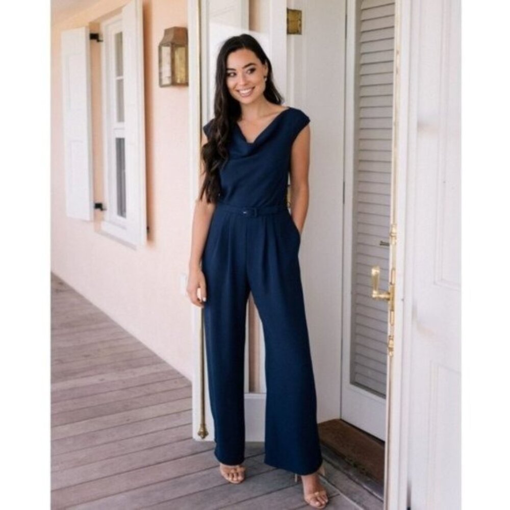 Gal Meets Glam Collection Women's Delia Summer Crepe Jumpsuit Navy Size 0